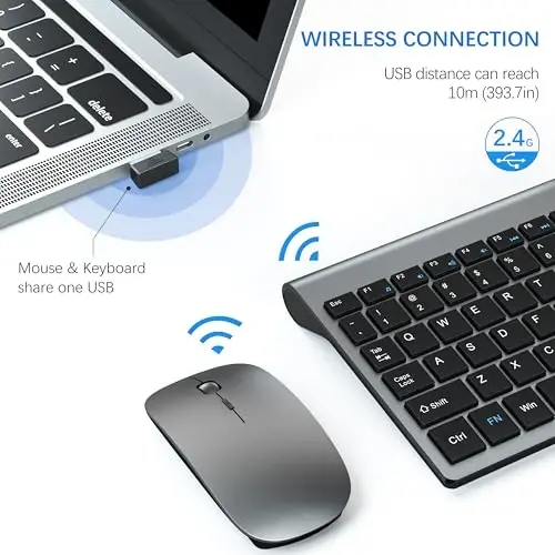 Wireless Keyboard and Mouse Ultra Slim Combo, TopMate 2.4G Silent Compact USB 2400DPI Mouse and Scissor Switch Keyboard Set with Cover, Batteries Included, for PC/Laptop/Windows/Mac - Gray Black - 1