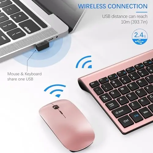 Wireless Keyboard and Mouse Ultra Slim Combo, TopMate 2.4G Silent Compact USB 2400DPI Mouse and Scissor Switch Keyboard Set with Cover, Batteries Included, for PC/Laptop/Windows/Mac - Rose Gold Black 