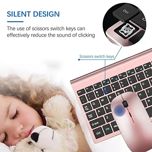 Wireless Keyboard and Mouse Ultra Slim Combo, TopMate 2.4G Silent Compact USB 2400DPI Mouse and Scissor Switch Keyboard Set with Cover, Batteries Included, for PC/Laptop/Windows/Mac - Rose Gold Black - 4