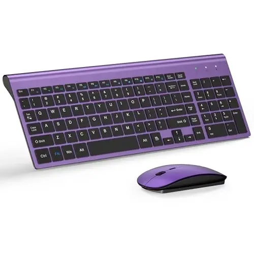 Wireless Keyboard and Mouse Ultra Slim Combo, TopMate 2.4G Silent Compact USB 2400DPI Mouse and Scissor Switch Keyboard Set with Cover, Batteries Included, for PC/Laptop/Windows/Mac - Purple Black - 4