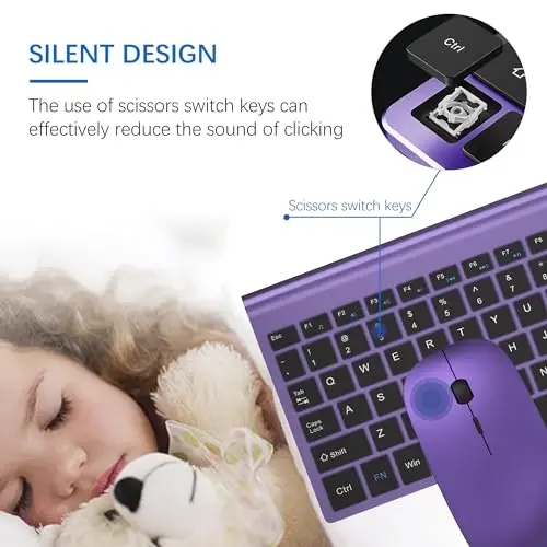 Wireless Keyboard and Mouse Ultra Slim Combo, TopMate 2.4G Silent Compact USB 2400DPI Mouse and Scissor Switch Keyboard Set with Cover, Batteries Included, for PC/Laptop/Windows/Mac - Purple Black - 5