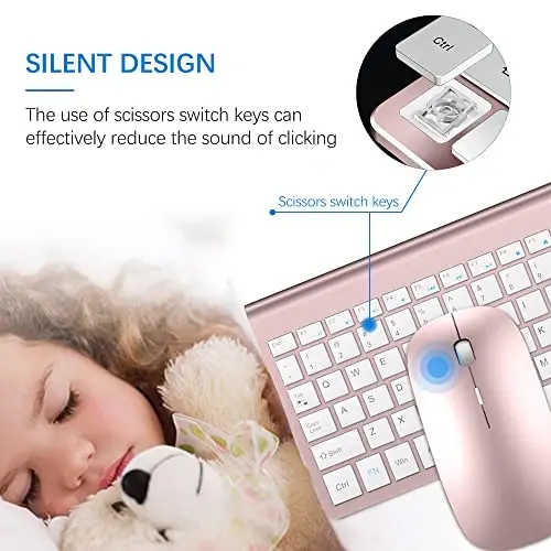 Wireless Keyboard and Mouse Ultra Slim Combo, TopMate 2.4G Silent Compact USB 2400DPI Mouse and Scissor Switch Keyboard Set with Cover, Batteries Included, for PC/Laptop/Windows/Mac - Rose Gold White - 4