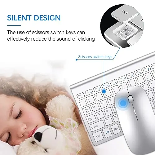 Wireless Keyboard and Mouse Ultra Slim Combo, TopMate 2.4G Silent Compact USB 2400DPI Mouse and Scissor Switch Keyboard Set with Cover, Batteries Included, for PC/Laptop/Windows/Mac - Silver White - 4