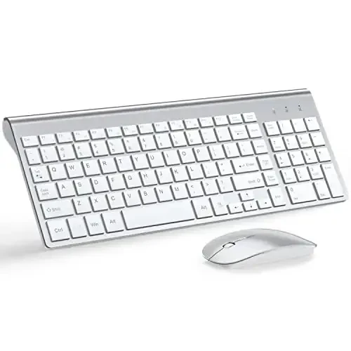 Wireless Keyboard and Mouse Ultra Slim Combo, TopMate 2.4G Silent Compact USB 2400DPI Mouse and Scissor Switch Keyboard Set with Cover, Batteries Included, for PC/Laptop/Windows/Mac - Silver White 