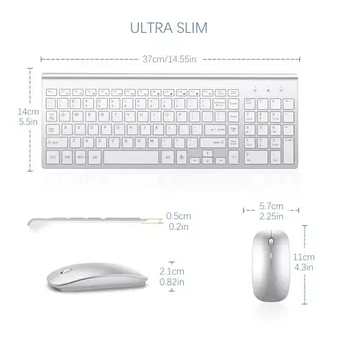 Wireless Keyboard and Mouse Ultra Slim Combo, TopMate 2.4G Silent Compact USB 2400DPI Mouse and Scissor Switch Keyboard Set with Cover, Batteries Included, for PC/Laptop/Windows/Mac - Silver White - 6