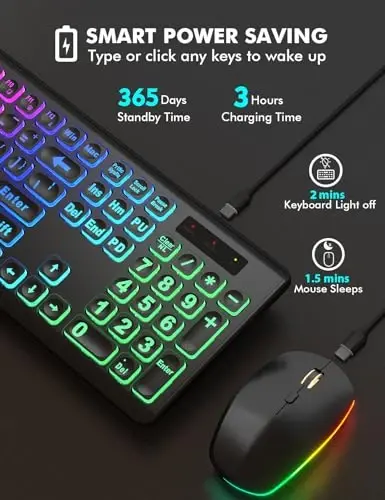Wireless Keyboard and Mouse Combo, RGB Backlit, Rechargeable & Light Up Letters, Full-Size, Soft Typing, Sleep Mode, 2.4GHz Quiet Keyboard Set for Mac, Windows, Laptop, PC, Trueque (Matte Black) - 4