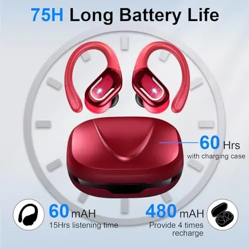 Wireless Earbud, 75Hrs Bluetooth 5.4 Headphones IP7 Waterproof for Sport, Running Wireless Earphones with ENC Noise Canceling Mics, Deep Bass Over Ear bud with Earhooks for Android, iOS, Workout, Gym - 1