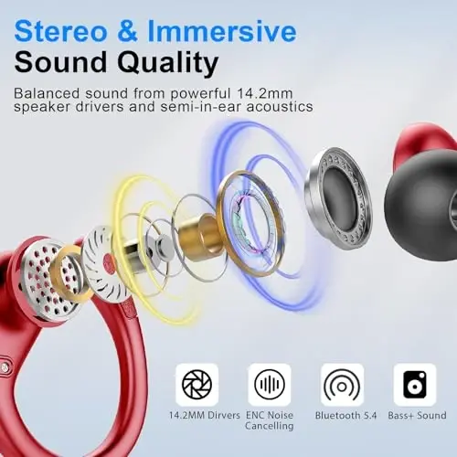 Wireless Earbud, 75Hrs Bluetooth 5.4 Headphones IP7 Waterproof for Sport, Running Wireless Earphones with ENC Noise Canceling Mics, Deep Bass Over Ear bud with Earhooks for Android, iOS, Workout, Gym - 4