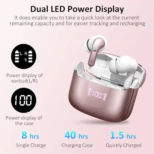 Wireless Earbud Bluetooth 5.3 Headphones, Hi-Fi Stereo Ear Buds with 4 ENC Cancelling Mics, 40H in-Ear Earphones IP7 Waterproof Sports, LED Display, Mini Headset for Laptop Pad TV Phones, Rose Gold - 4