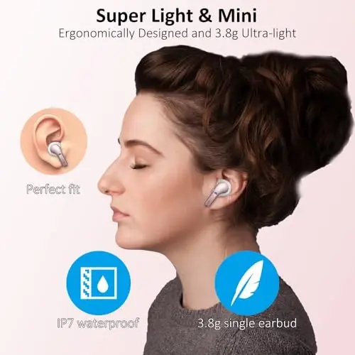 Wireless Earbud Bluetooth 5.3 Headphones, Hi-Fi Stereo Ear Buds with 4 ENC Cancelling Mics, 40H in-Ear Earphones IP7 Waterproof Sports, LED Display, Mini Headset for Laptop Pad TV Phones, Rose Gold - 5
