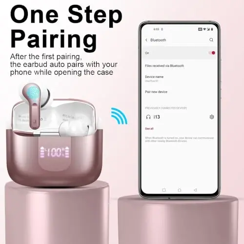 Wireless Earbud Bluetooth 5.3 Headphones, Hi-Fi Stereo Ear Buds with 4 ENC Cancelling Mics, 40H in-Ear Earphones IP7 Waterproof Sports, LED Display, Mini Headset for Laptop Pad TV Phones, Rose Gold - 6