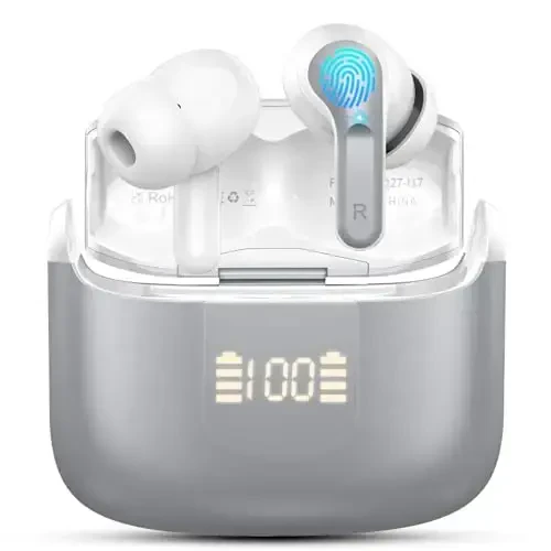 Wireless Earbud Bluetooth 5.3 Headphones, Hi-Fi Stereo Ear Buds with 4 ENC Cancelling Mics, 40H in-Ear Earphones IP7 Waterproof Sports, LED Display, Mini Headset for Laptop Pad TV Android/iOS, Grey - 1