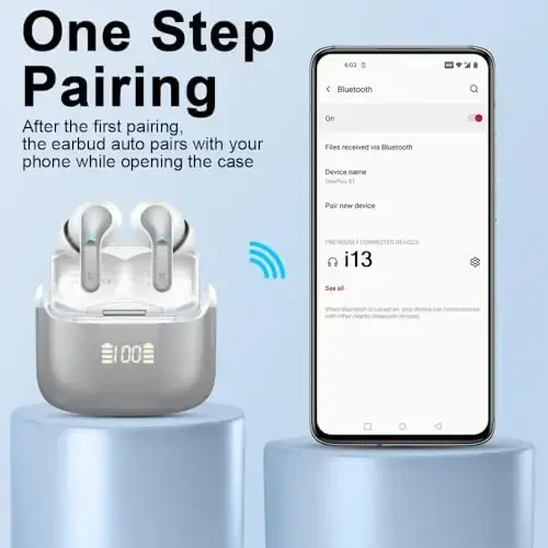 Wireless Earbud Bluetooth 5.3 Headphones, Hi-Fi Stereo Ear Buds with 4 ENC Cancelling Mics, 40H in-Ear Earphones IP7 Waterproof Sports, LED Display, Mini Headset for Laptop Pad TV Android/iOS, Grey - 6