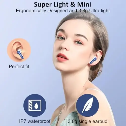 Wireless Earbud Bluetooth 5.4 Headphones, Hi-Fi Stereo Ear Buds with 4 ENC Cancelling Mics, 40H in-Ear Earphones IP7 Waterproof Sports, LED Display, Mini Headset for Laptop Pad TV Phones, Deep Blue - 5