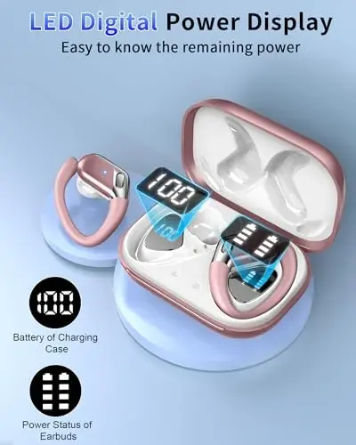 Wireless Earbud, Bluetooth 5.4 Headphones IP7 Waterproof for Sport, 50H Running Wireless Earphones with ENC Noise Cancelling Mic, Deep Bass Over Ear bud with Earhooks for Android, iOS, Workout, Gym 