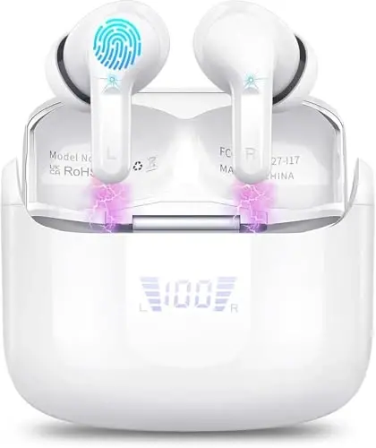 Wireless Earbuds, Bluetooth 5.4 Headphones 2026 NEW Ear Buds 40H Bass Stereo in-Ear Earphones ENC Noise Cancelling Earbuds with 4 HD Mic, USB-C LED Display IP7 Waterproof Sport Headset for Android iOS 