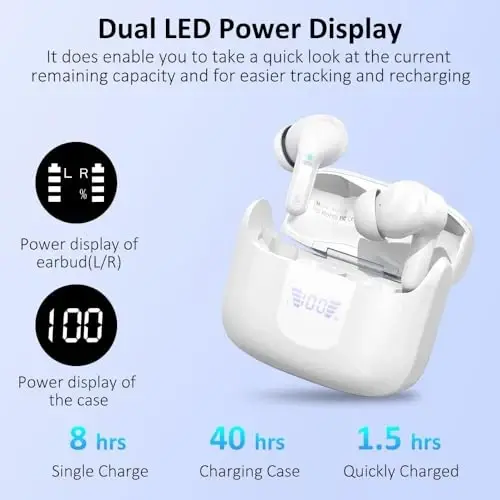 Wireless Earbuds, Bluetooth 5.4 Headphones 2026 NEW Ear Buds 40H Bass Stereo in-Ear Earphones ENC Noise Cancelling Earbuds with 4 HD Mic, USB-C LED Display IP7 Waterproof Sport Headset for Android iOS - 5
