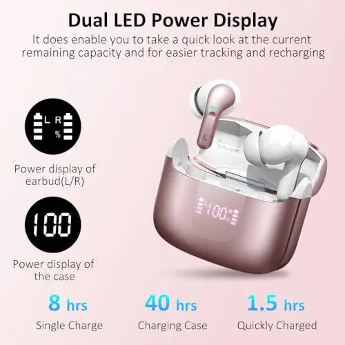 Wireless Bluetooth Headphones 5.3 New 40H Earbuds Bass Stereo Earphones Noise Cancelling with 4 ENC Mic, in-Ear Bluetooth Earbud USB-C LED Display IP7 Waterproof Sport for Android iOS - 6