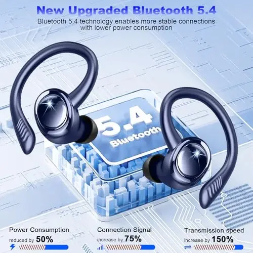 Rulefiss Wireless Earbuds Bluetooth Headphones Sport, 5.3 Immersive HiFi Stereo Over-Ear Buds, 48Hrs Earphones in Ear with Earhooks, HD Mic, IP7 Waterproof Headset for Workout Running (Blue) (Q38) - 2