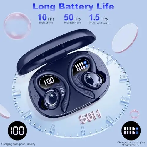 Rulefiss Wireless Earbuds Bluetooth Headphones Sport, 5.3 Immersive HiFi Stereo Over-Ear Buds, 48Hrs Earphones in Ear with Earhooks, HD Mic, IP7 Waterproof Headset for Workout Running (Blue) (Q38) - 5