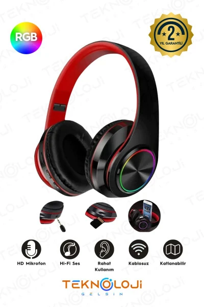 Kablosuz Kulaklık Bluetooth Mikrofonlu Kulaküstü Kulaklık Led Işıklı Katlanabilir SİYAH-KIRMIZI-Siyah - Modazone