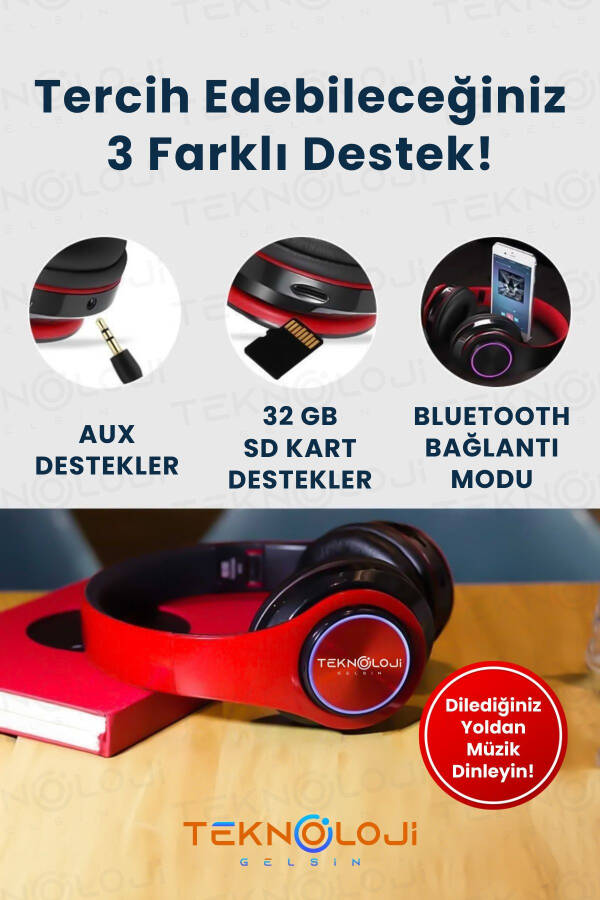 Kablosuz Kulaklık Bluetooth Mikrofonlu Kulaküstü Kulaklık Led Işıklı Katlanabilir SİYAH-KIRMIZI - 5