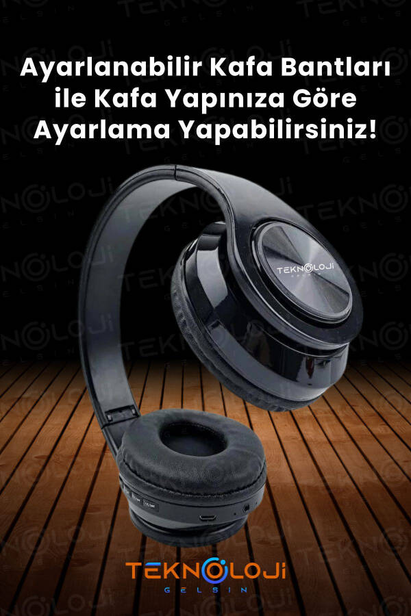 Kablosuz Kulaklık Bluetooth Mikrofonlu Kulaküstü Kulaklık Led Işıklı Katlanabilir SİYAH-KIRMIZI - 8