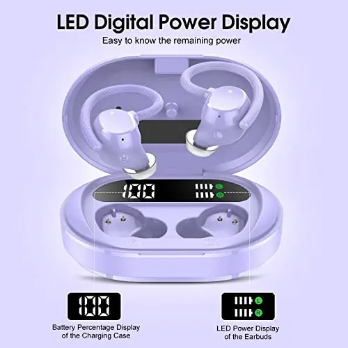 Wireless Earbuds, 2023 New Ultralight Sport Bluetooth 5.3 Headphones In Ear with LED Display, Built-in Mic Earphones, IPX7 Waterproof Wireless Headphones with Earhooks for Gym Workout (Purple) - SPRTOYBAT (1)