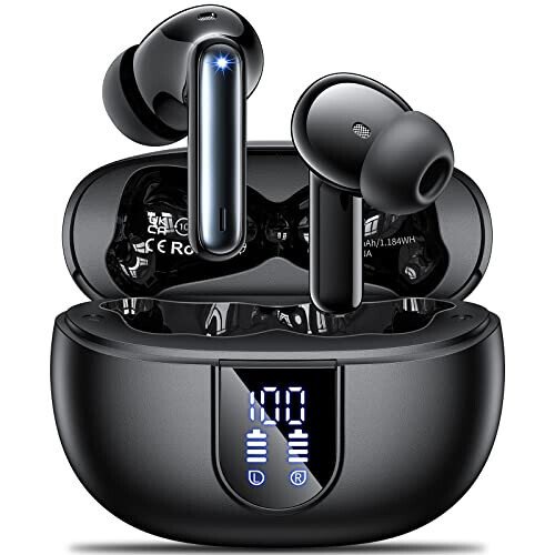 Wireless Earbuds, 2024 Wireless Headphones HiFi Stereo Earphones with 4 ENC Noise Canceling Mic, 42Hs Playtime In Ear Earbud, Bluetooth 5.3 Sport Earphones with LED Power Display for Android iOS Black 