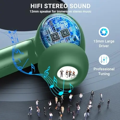 Wireless Earbuds,2024 Wireless Headphones HiFi Stereo Earphones with 4 ENC Noise Canceling Mic, 42Hs Playtime In Ear Earbud,Bluetooth 5.3 Sport Earphones with LED Power Display for Android iOS Green - 3