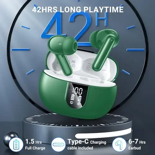 Wireless Earbuds,2024 Wireless Headphones HiFi Stereo Earphones with 4 ENC Noise Canceling Mic, 42Hs Playtime In Ear Earbud,Bluetooth 5.3 Sport Earphones with LED Power Display for Android iOS Green - 4