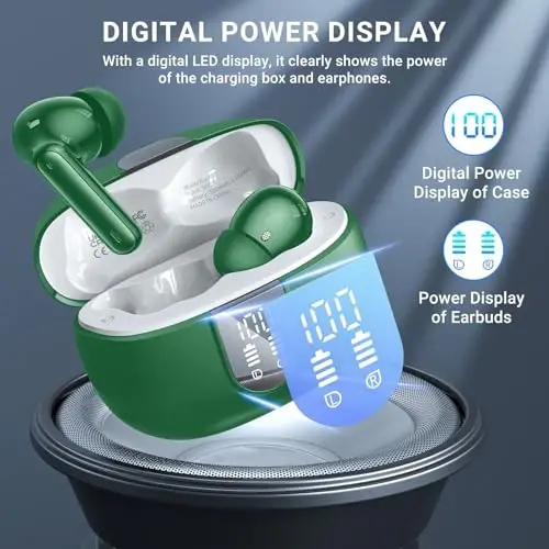 Wireless Earbuds,2024 Wireless Headphones HiFi Stereo Earphones with 4 ENC Noise Canceling Mic, 42Hs Playtime In Ear Earbud,Bluetooth 5.3 Sport Earphones with LED Power Display for Android iOS Green - 5