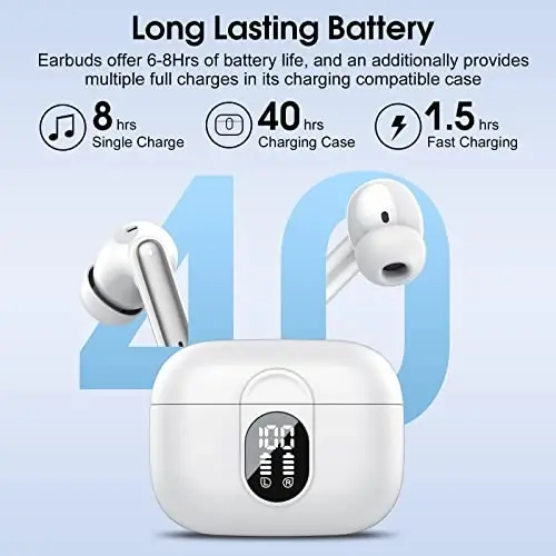 Wireless Earbuds, 2025 Bluetooth Headphones 5.3 HiFi Stereo Earphones, 40H Playtime in-Ear Earbud, Bluetooth Earbud with LED Power Display, IP7 Waterproof Earphones Sport Headset for Android iOS - 4