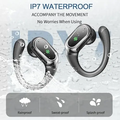Wireless Earbuds, 2026 Bluetooth 5.4 Headphones Sport, 50Hrs HiFi Stereo Deep Bass Over-Ear buds with ENC Noise Cancelling Mic, IP7 Waterproof & LED Display Earphones with Earhooks for Workout/Running - 5