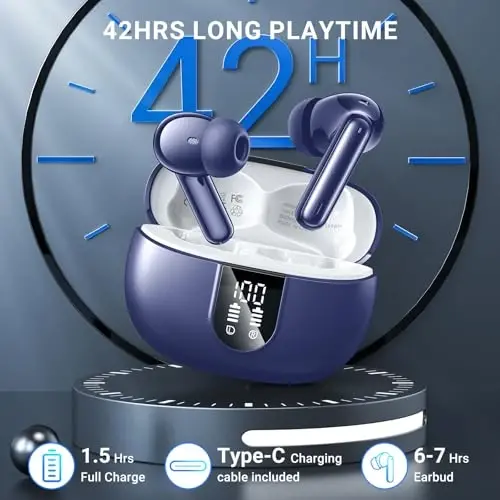 Беспроводные наушники, 2025 Беспроводные наушники HiFi Stereo с 4 микрофонами ENC с шумоподавлением, 42 часа воспроизведения Внутриканальные наушники, Bluetooth 5.3 Спортивные наушники со светодиодным дисплеем питания для Android iOS - 4