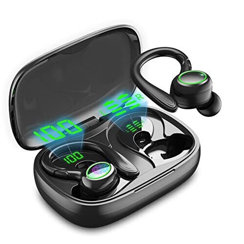 Wireless Earbuds, 60H Playback Bluetooth 5.3 Headphones,Noise Cancelling Wireless Headphones with LED Battery Display, Mics Clear Call, IPX7 Waterproof Bluetooth Earbuds for Workout Sports (BLACK) - GJB