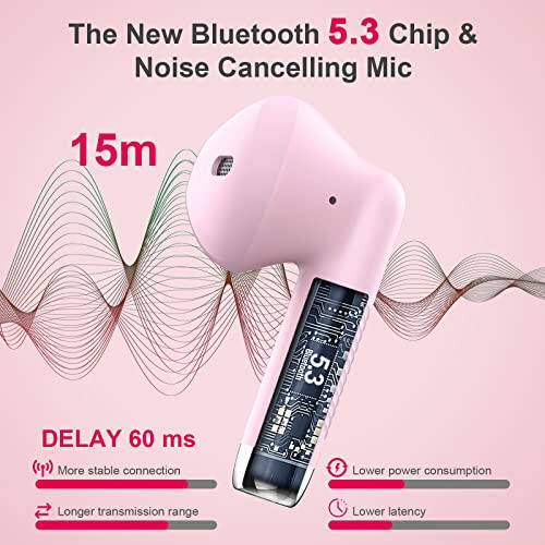 Wireless Earbuds, Bluetooth 5.4 Headphones in Ear with Noise Cancelling Mic, Bluetooth Earbuds Stereo Bass, IP7 Waterproof Sports Earphones, 32H Playtime USB C Charging Ear Buds Pink for Android iOS - 7