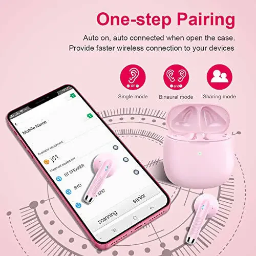 Wireless Earbuds, Bluetooth 5.4 Headphones in Ear with Noise Cancelling Mic, Bluetooth Earbuds Stereo Bass, IP7 Waterproof Sports Earphones, 32H Playtime USB C Charging Ear Buds Pink for Android iOS - 10