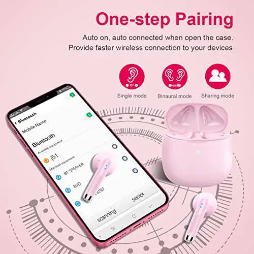 Wireless Earbuds, Bluetooth 5.4 Headphones in Ear with Noise Cancelling Mic, Bluetooth Earbuds Stereo Bass, IP7 Waterproof Sports Earphones, 32H Playtime USB C Charging Ear Buds Pink for Android iOS - 5