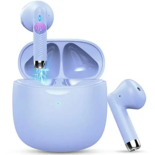 Jxrev Wireless Earbuds, Bluetooth 5.3 Headphones in Ear with Noise Cancelling Mic, Earbuds Stereo Bass, IP7 Waterproof Sports Earphones, 32H Playtime USB C Charging Buds White for Android iOS Purple 