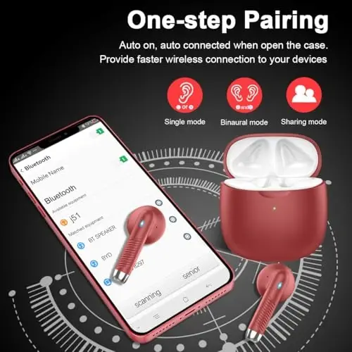 Wireless Earbuds, Bluetooth 5.4 Earbuds Stereo Bass, Bluetooth Headphones in Ear Noise Cancelling Mic, Earphones IP7 Waterproof Sports, 32H Playtime USB C Charging Case Red Ear Buds for Android iOS - 5