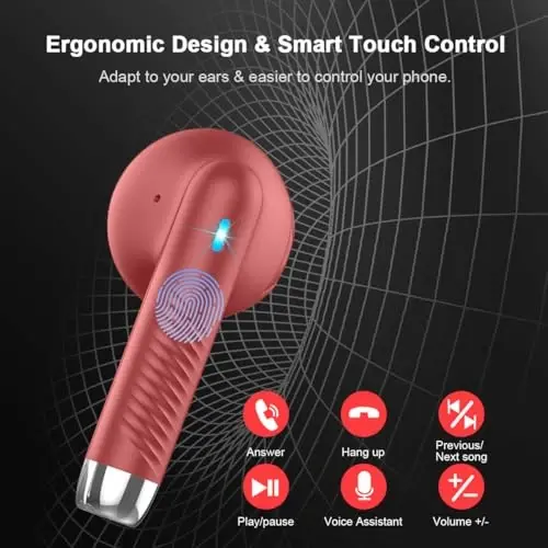 Wireless Earbuds, Bluetooth 5.4 Earbuds Stereo Bass, Bluetooth Headphones in Ear Noise Cancelling Mic, Earphones IP7 Waterproof Sports, 32H Playtime USB C Charging Case Red Ear Buds for Android iOS - 6