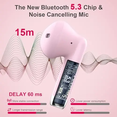 Wireless Earbuds, Bluetooth 5.4 Earbuds Stereo Bass, Bluetooth Headphones | in Ear Noise Cancelling Mic, Wireless Earphones IP7 Waterproof Sports, 32H Playtime Mini USB C Charging Ear Buds Light Pink - 9
