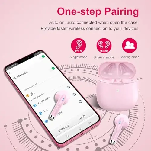 Wireless Earbuds, Bluetooth 5.4 Earbuds Stereo Bass, Bluetooth Headphones in Ear Noise Cancelling Mic, Wireless Earphones IP7 Waterproof Sports, 32H Playtime Mini USB C Charging Ear Buds Light Pink - 5