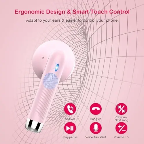Wireless Earbuds, Bluetooth 5.4 Earbuds Stereo Bass, Bluetooth Headphones | in Ear Noise Cancelling Mic, Earphones IP7 Waterproof Sports, 32H Playtime USB C Charging Case Pink Ear Buds for Android iOS - 6