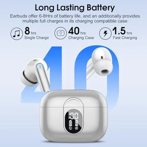 Wireless Earbuds, Bluetooth Headphones HiFi Stereo, 40H Playtime in-Ear Earbud, 2024 Bluetooth 5.3 Earbuds with LED Power Display, IP7 Waterproof Wireless Earphones Sport Headset for Android iOS - 4