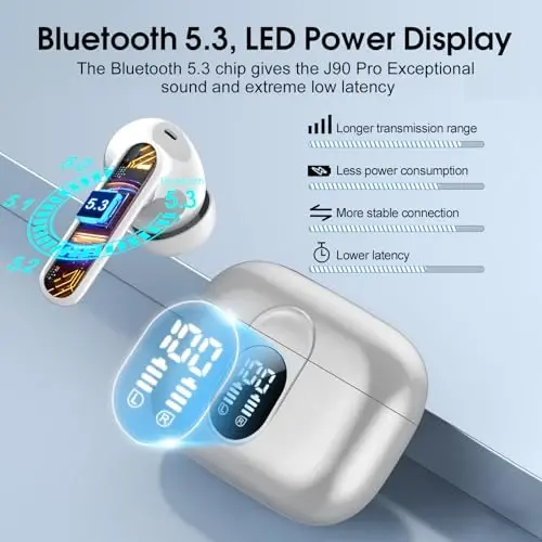 Wireless Earbuds, Bluetooth Headphones HiFi Stereo, 40H Playtime in-Ear Earbud, 2024 Bluetooth 5.3 Earbuds with LED Power Display, IP7 Waterproof Wireless Earphones Sport Headset for Android iOS - 5
