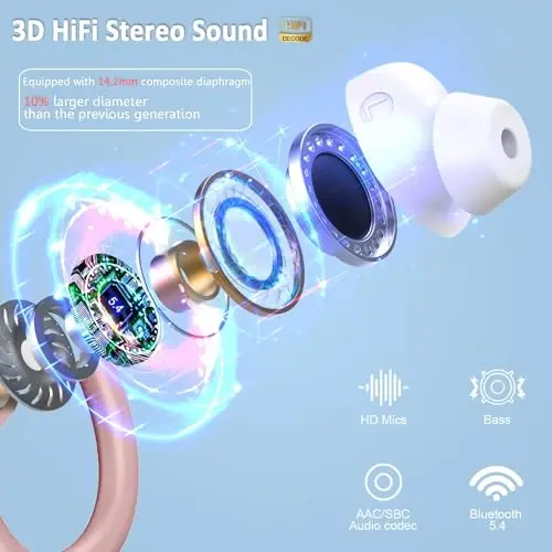 Wireless Earbuds Sport, 2025 Bluetooth 5.4 Headphones Bass Hi-Fi Stereo Over Ear Buds, 56Hrs Noise Cancelling Headset with Earhook, IP7 Waterproof Earphones Workout Running for Laptop Pad Android iOS - 2