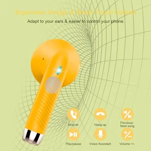 Wireless Earbuds, Bluetooth 5.4 Headphones in Ear with Noise Cancelling Mic | Bluetooth Earbuds Stereo Bass, IP7 Waterproof Sports Earphones, 32H Playtime USB C Charging Ear Buds Yellow for Android iOS - 12