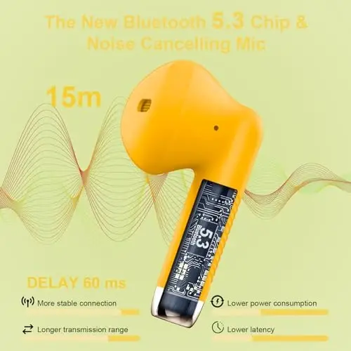Wireless Earbuds, Bluetooth 5.4 Headphones in Ear with Noise Cancelling Mic | Bluetooth Earbuds Stereo Bass, IP7 Waterproof Sports Earphones, 32H Playtime USB C Charging Ear Buds Yellow for Android iOS - 2